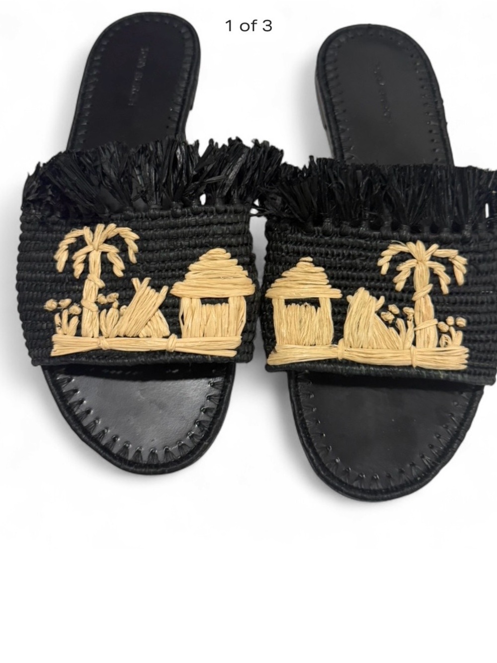 Tory Burch Black Raffia Slide Sandals with Natural Embroidered Detail